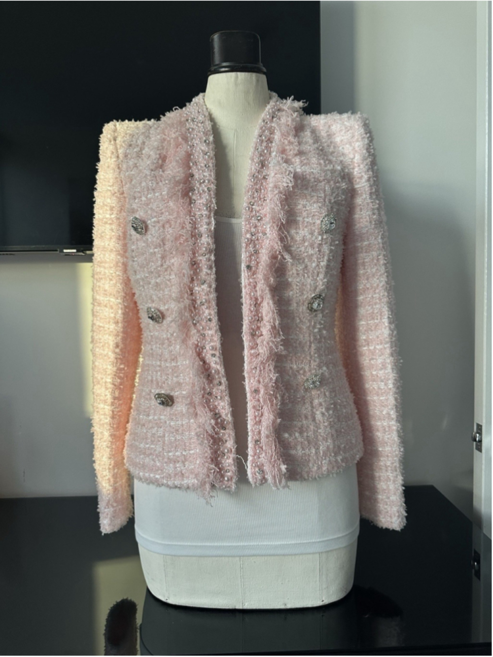 Women's Pink Tweed Jacket Strass &Pearl Size S/M - Picture 11 of 11